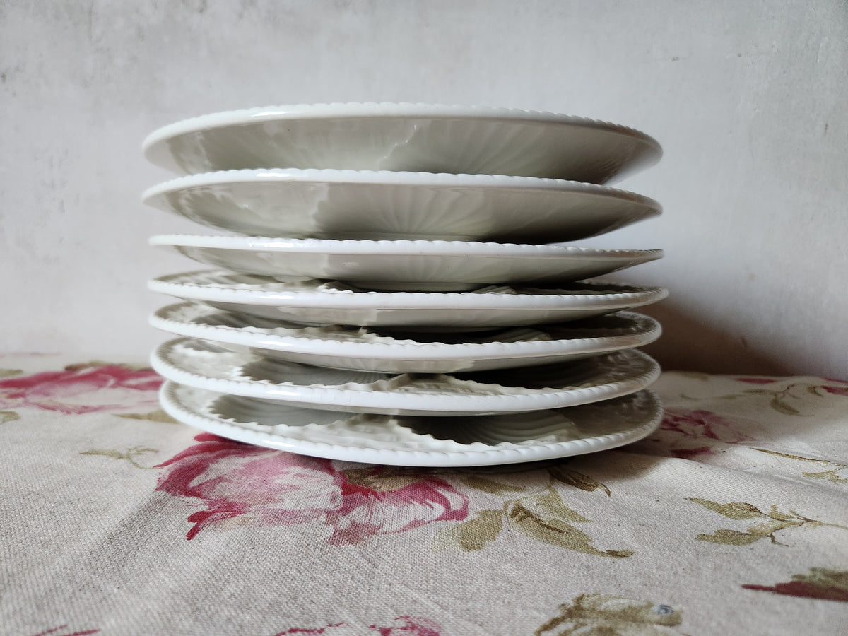 French Majolica White Oyster Plates With Basket Design 1940s.
