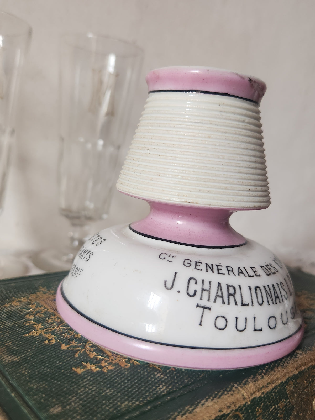 Antique French Bistro Porcelain Pyrogene Match Striker Pot Toulouse Charlionais Pourailly.