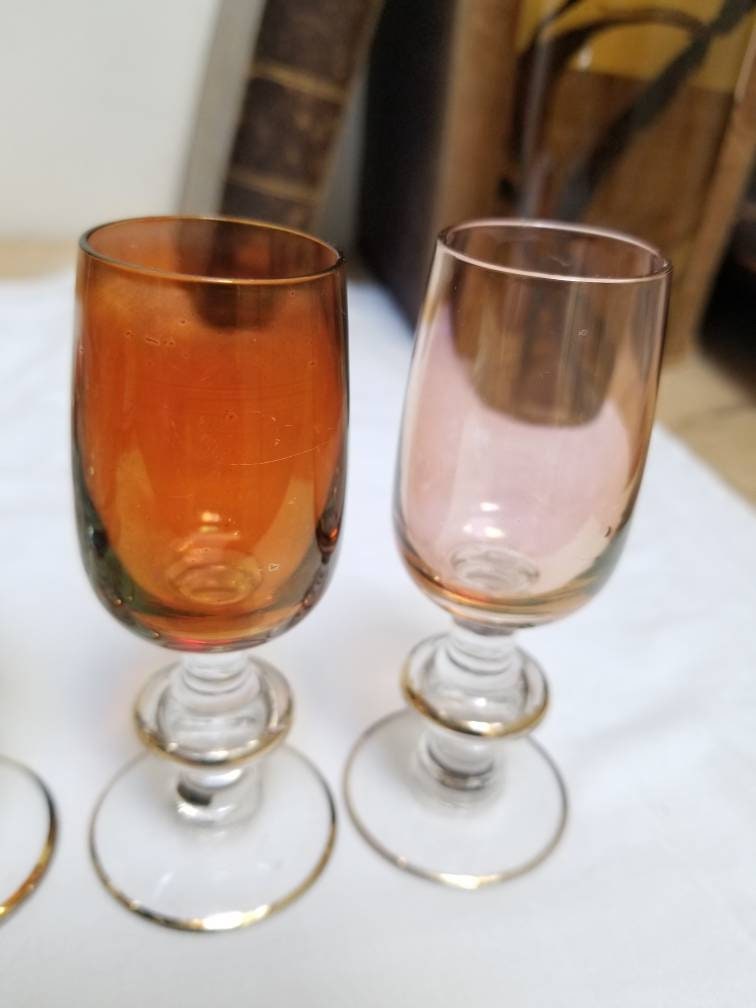 Vintage French Art Deco Liqueur Glasses: Multi-Colored Lustreware with Gold Rim