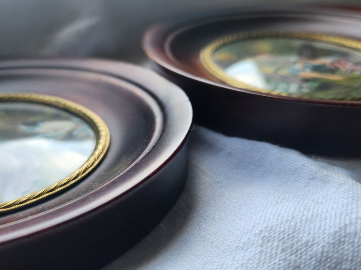 Antique Set of 2 Victorian 1900s Miniature Portrait Oval Paintings in Wood Frames Signed