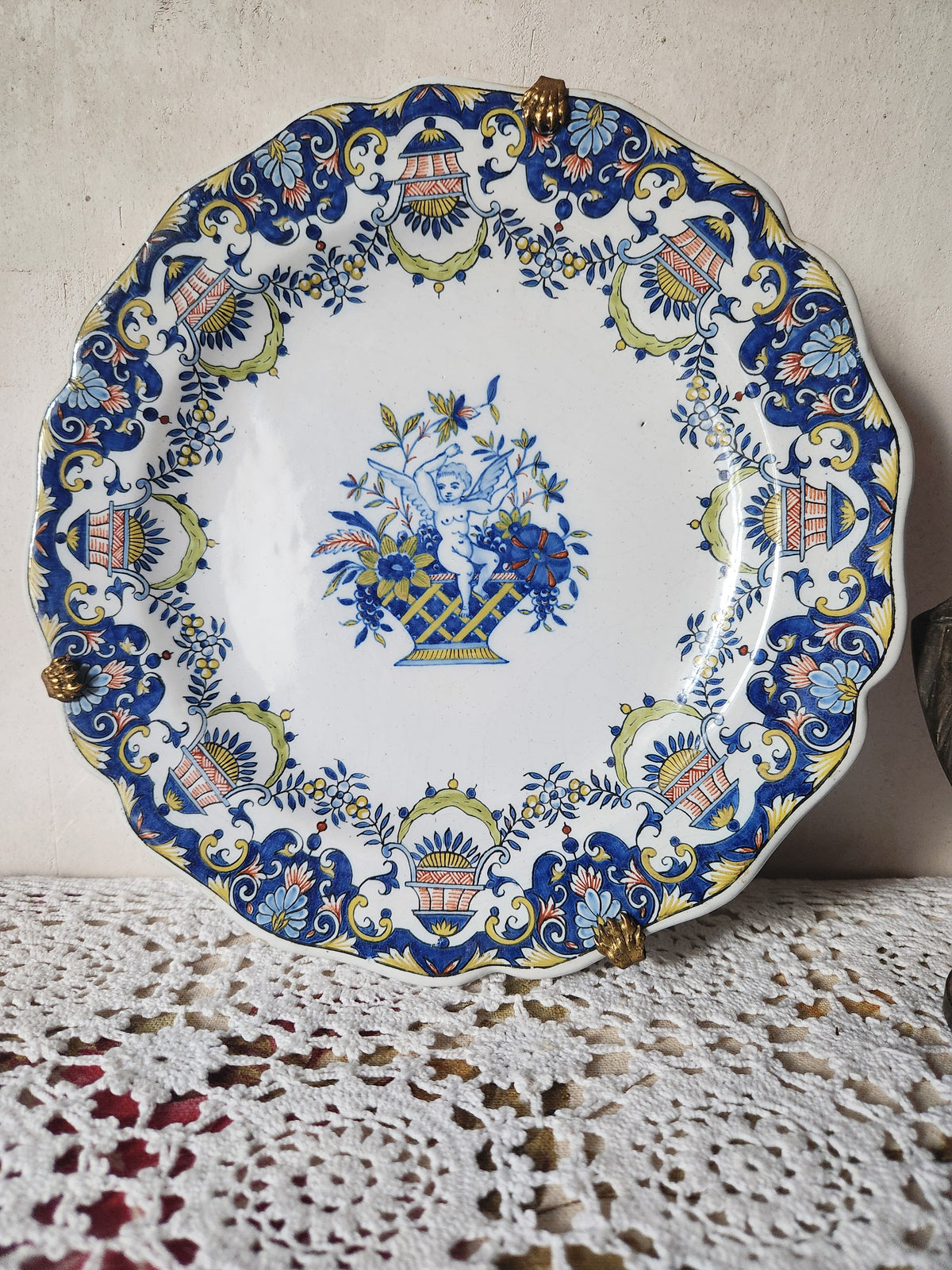 Antique Quimper First Mark 'HB' Plate French 19th Century Cherub