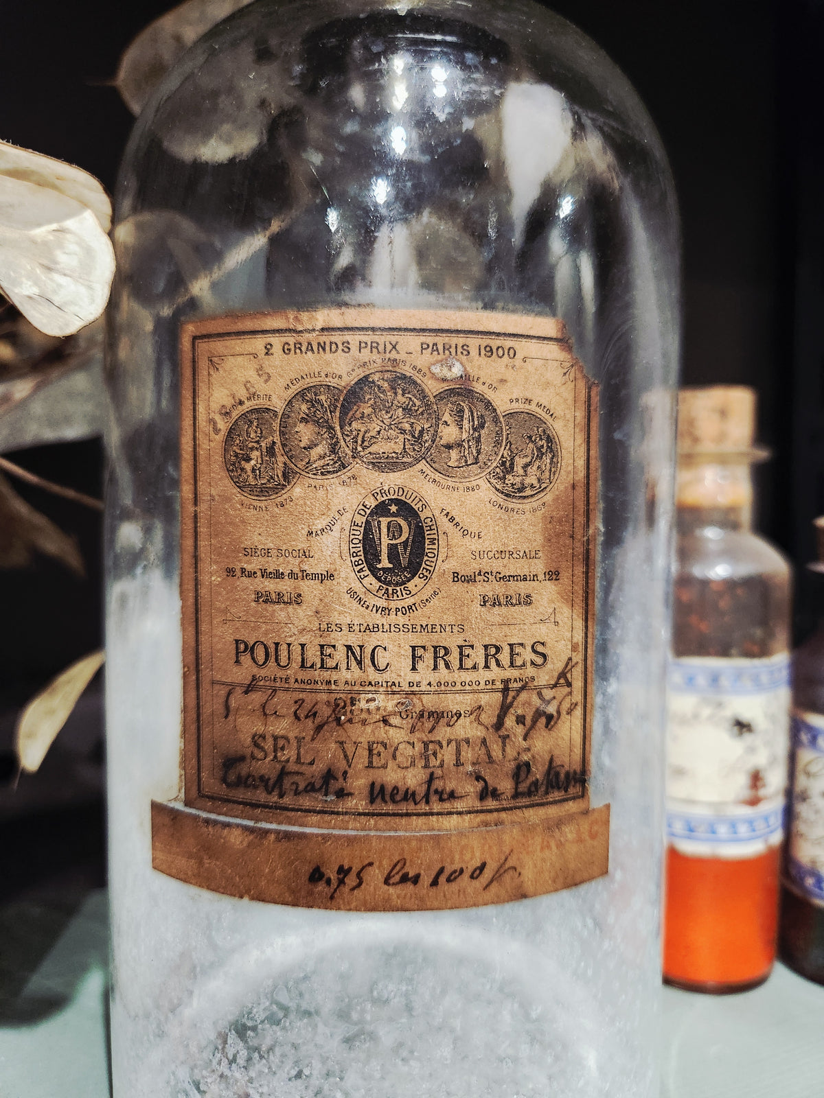 Antike große französische Apothekerflasche von Poulenc Frères, Anfang 1900