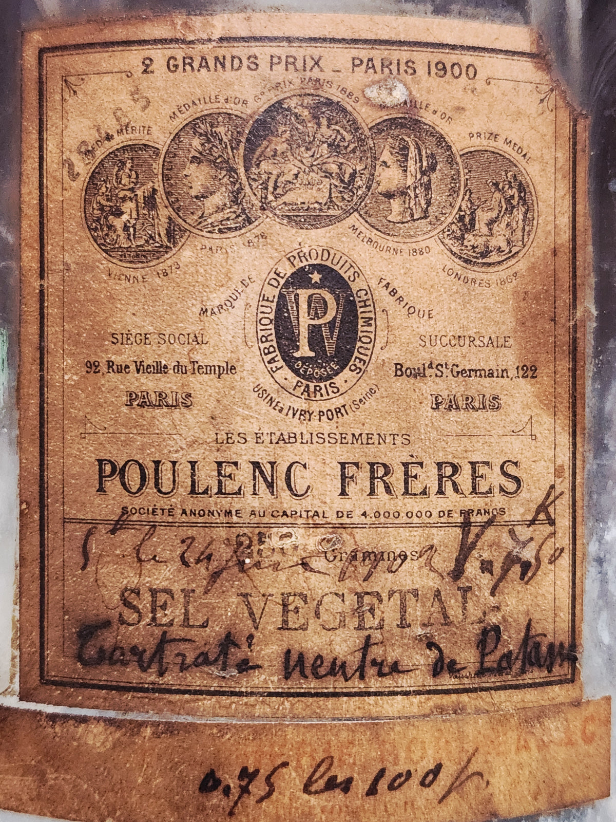 Antike große französische Apothekerflasche von Poulenc Frères, Anfang 1900