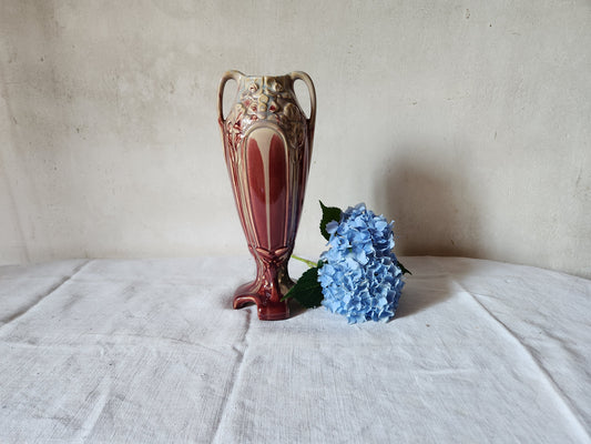 Antique 1900s Art Nouveau Floral Relief Burgundy Barbotine Vase