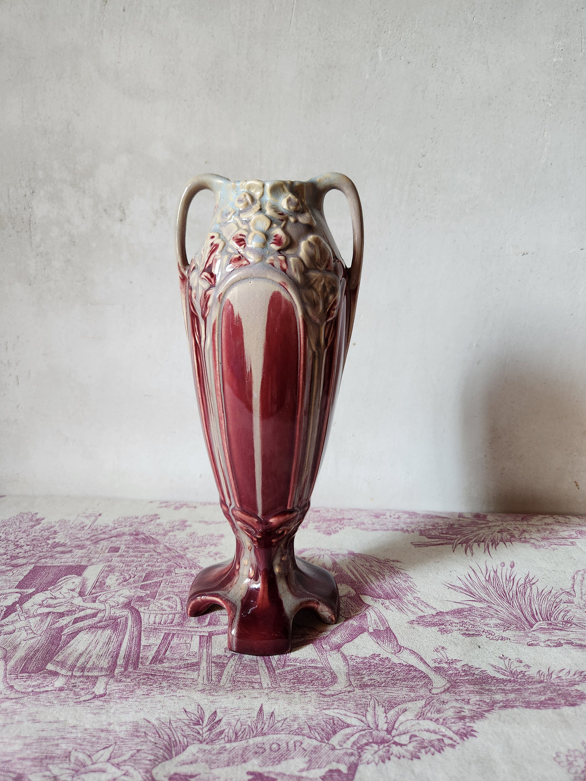 Antique 1900s Art Nouveau Floral Relief Burgundy Barbotine Vase