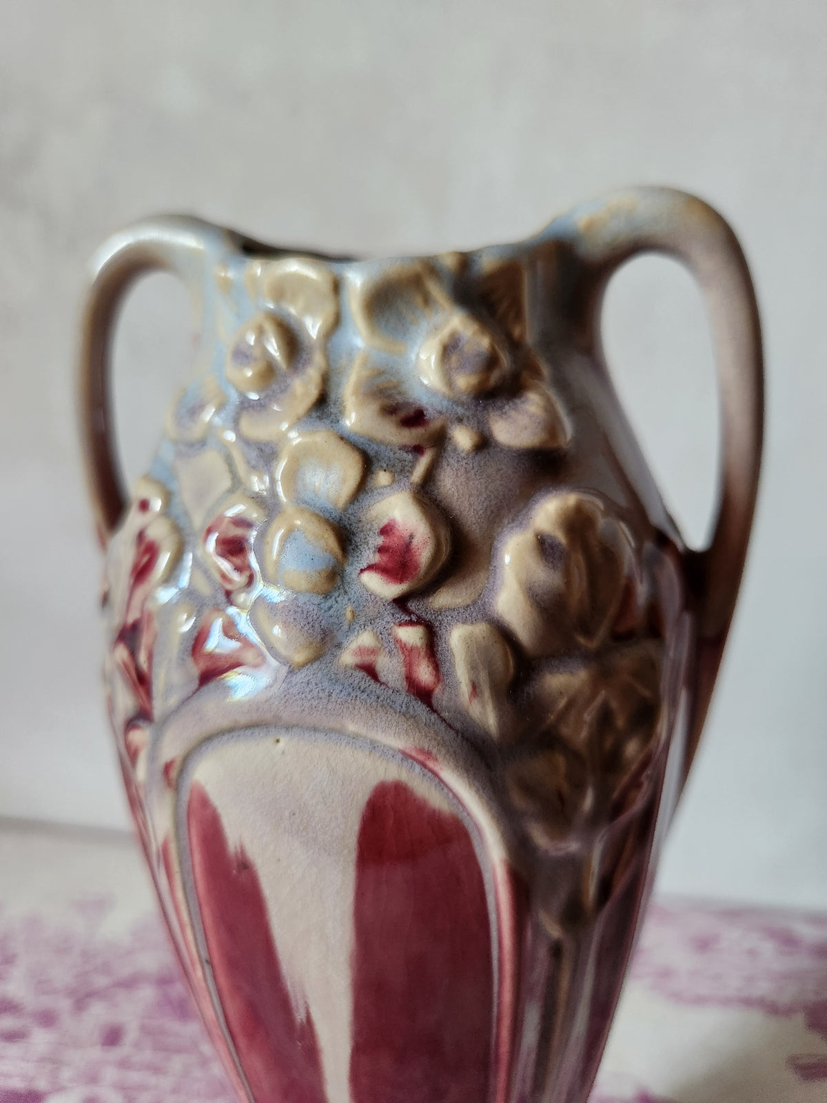 Antique 1900s Art Nouveau Floral Relief Burgundy Barbotine Vase