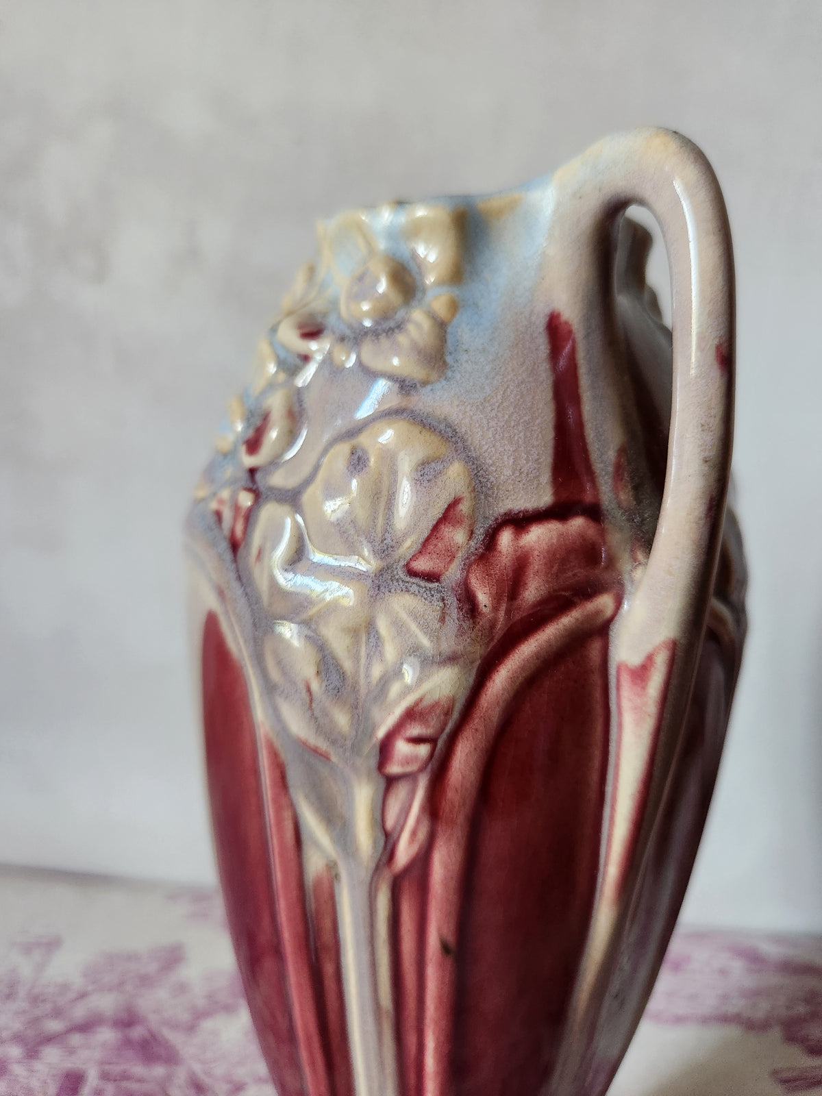 Antique 1900s Art Nouveau Floral Relief Burgundy Barbotine Vase