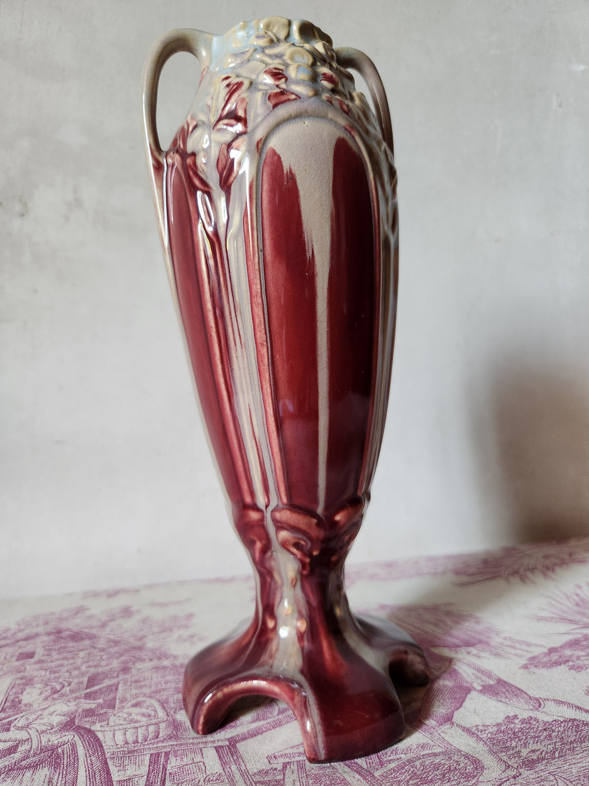Antique 1900s Art Nouveau Floral Relief Burgundy Barbotine Vase