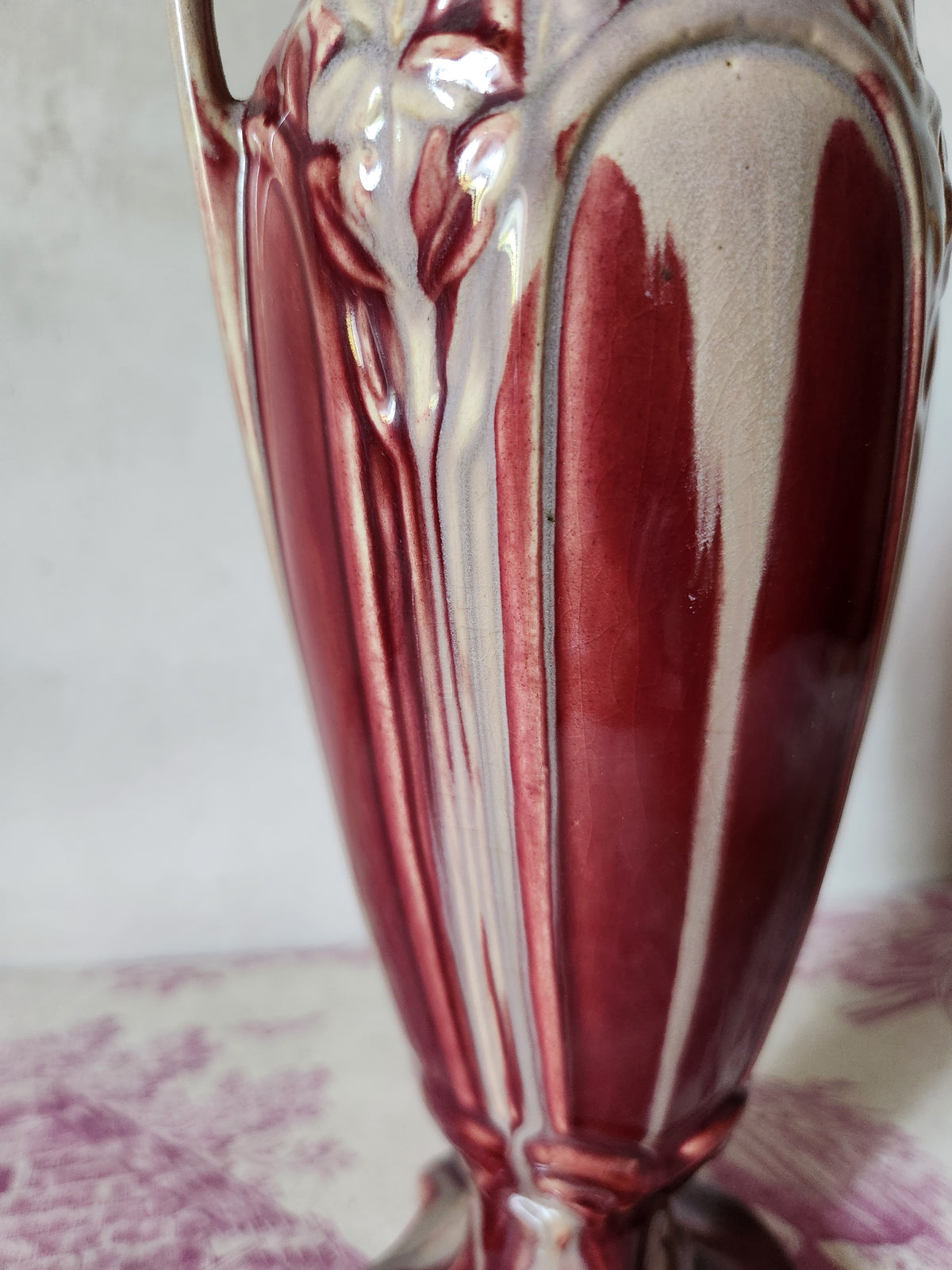 Antique 1900s Art Nouveau Floral Relief Burgundy Barbotine Vase