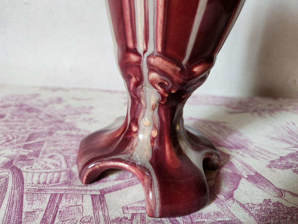 Antique 1900s Art Nouveau Floral Relief Burgundy Barbotine Vase