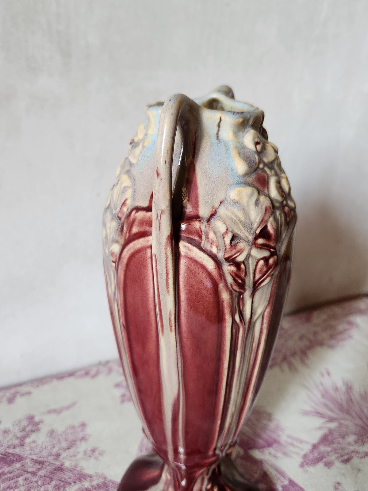 Antique 1900s Art Nouveau Floral Relief Burgundy Barbotine Vase