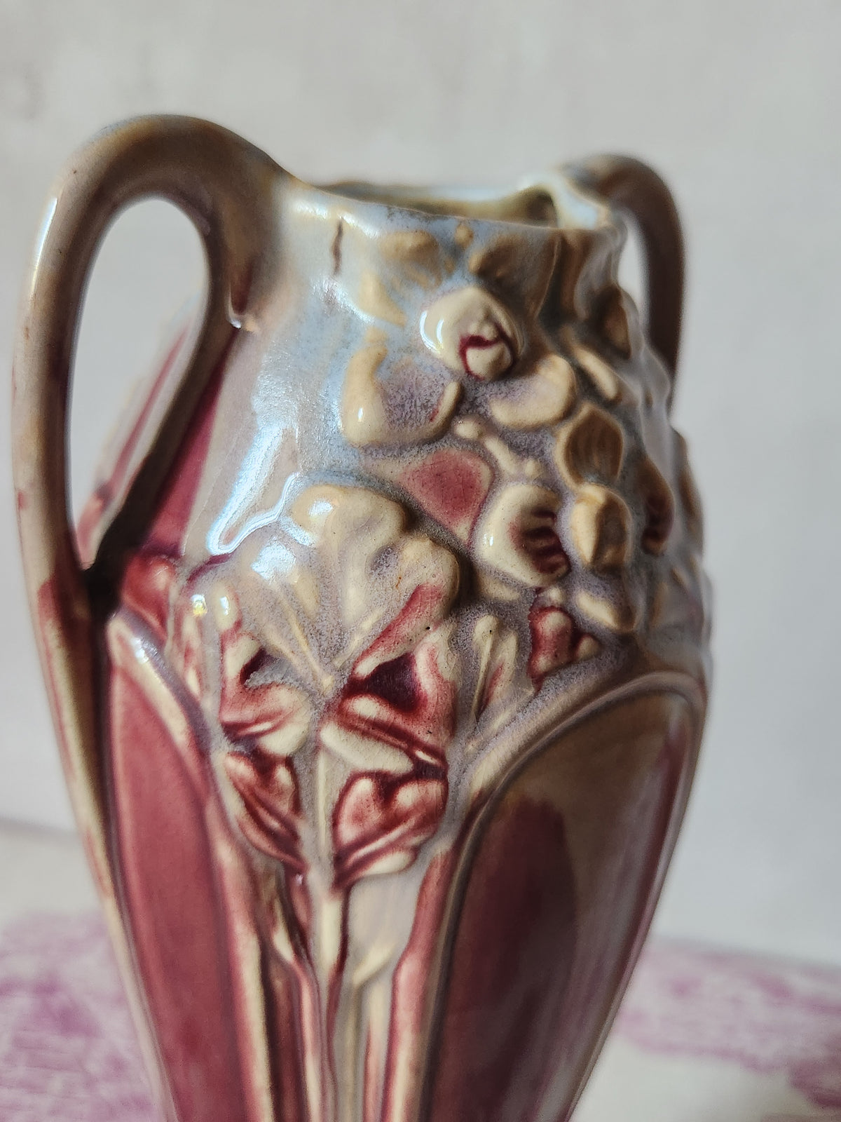 Antique 1900s Art Nouveau Floral Relief Burgundy Barbotine Vase