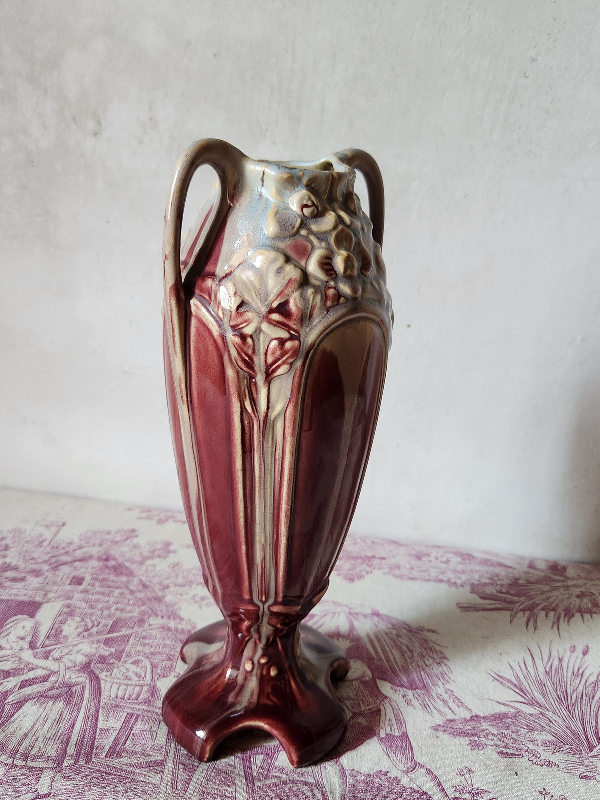 Antique 1900s Art Nouveau Floral Relief Burgundy Barbotine Vase