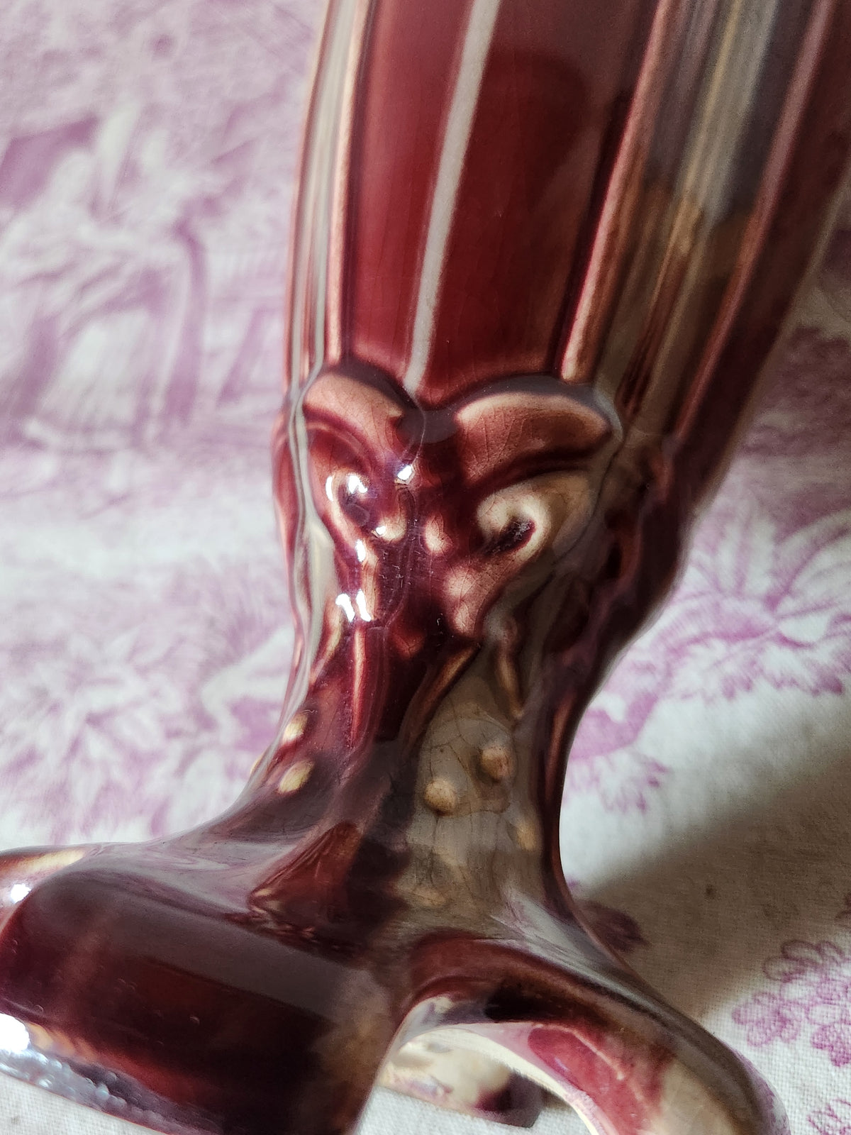 Antique 1900s Art Nouveau Floral Relief Burgundy Barbotine Vase