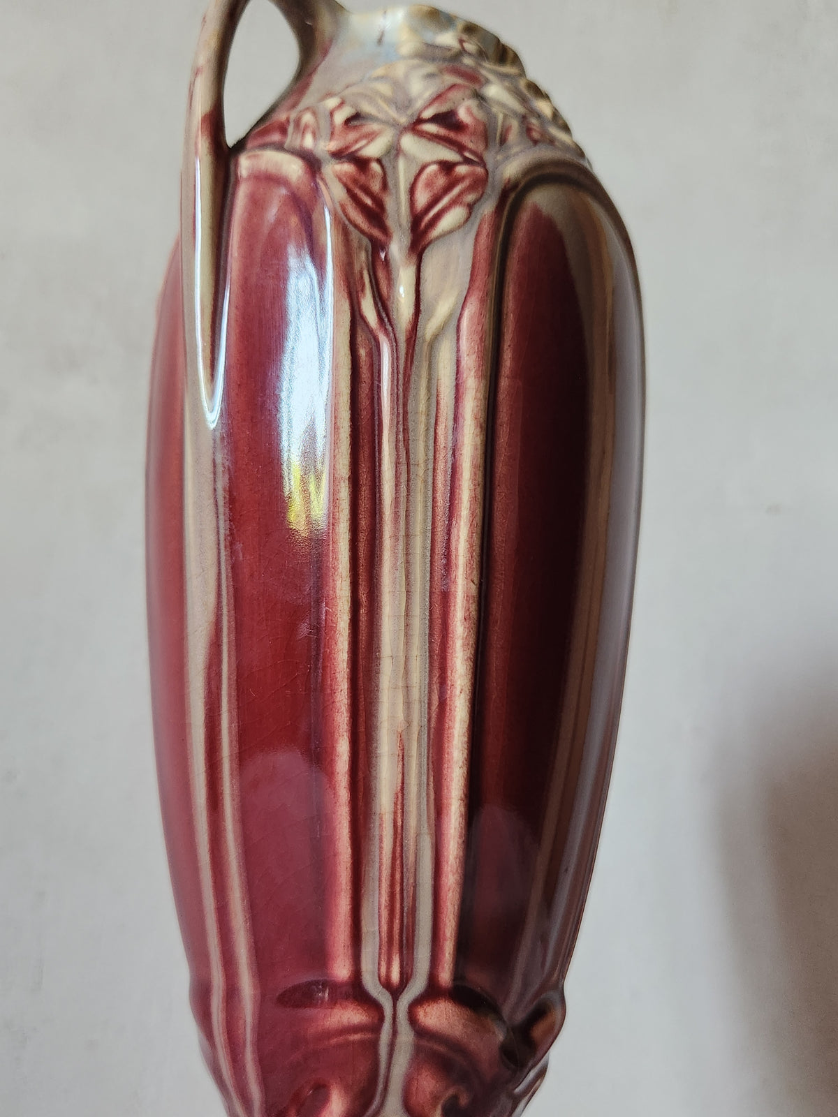 Antique 1900s Art Nouveau Floral Relief Burgundy Barbotine Vase