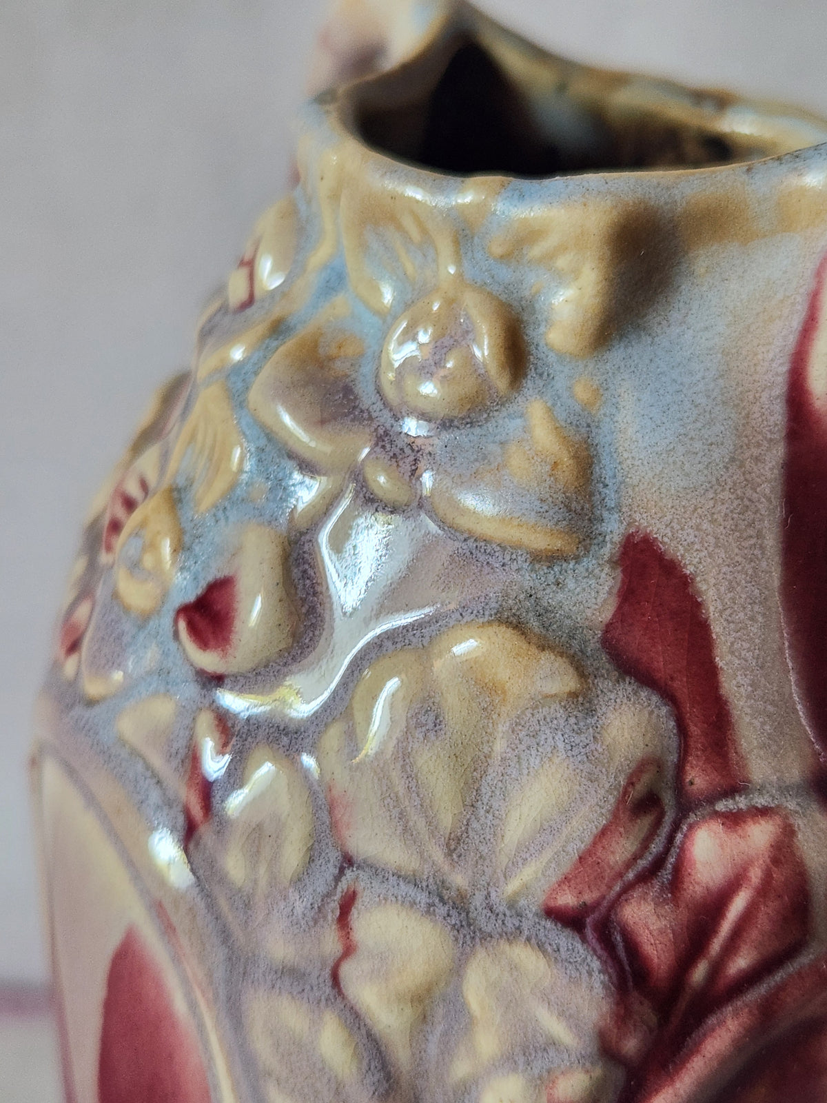 Antique 1900s Art Nouveau Floral Relief Burgundy Barbotine Vase