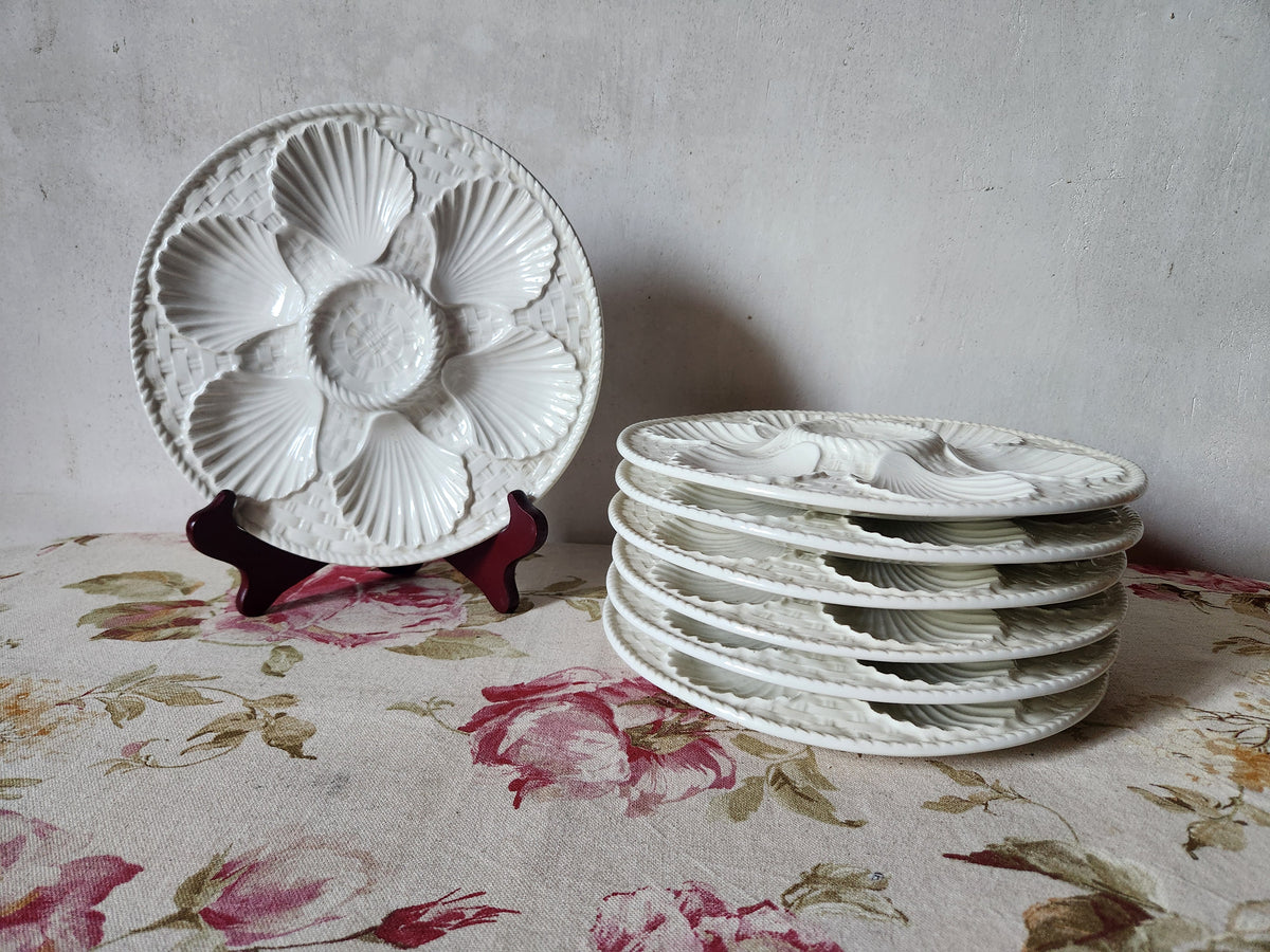 French Majolica White Oyster Plates With Basket Design 1940s.