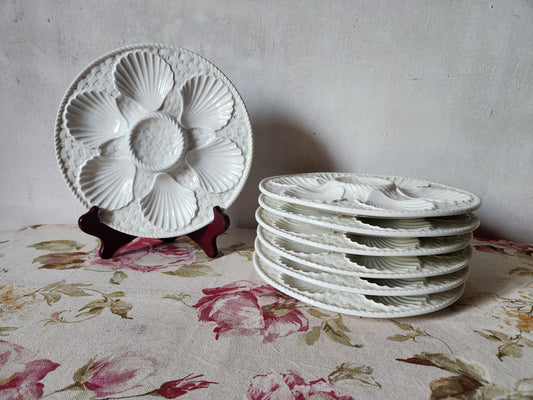 French Majolica White Oyster Plates With Basket Design 1940s.