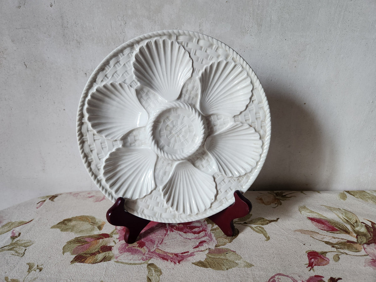 French Majolica White Oyster Plates With Basket Design 1940s.