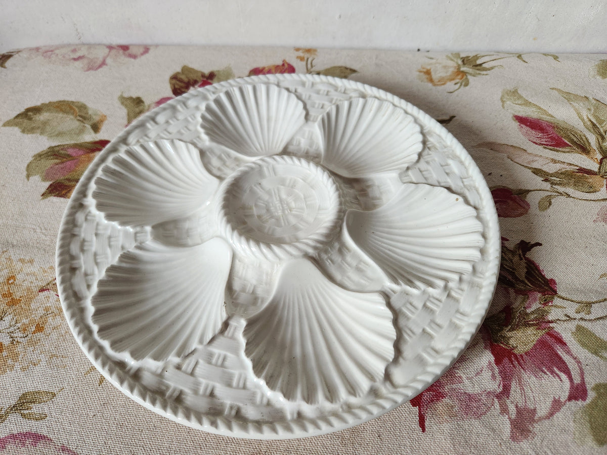 French Majolica White Oyster Plates With Basket Design 1940s.