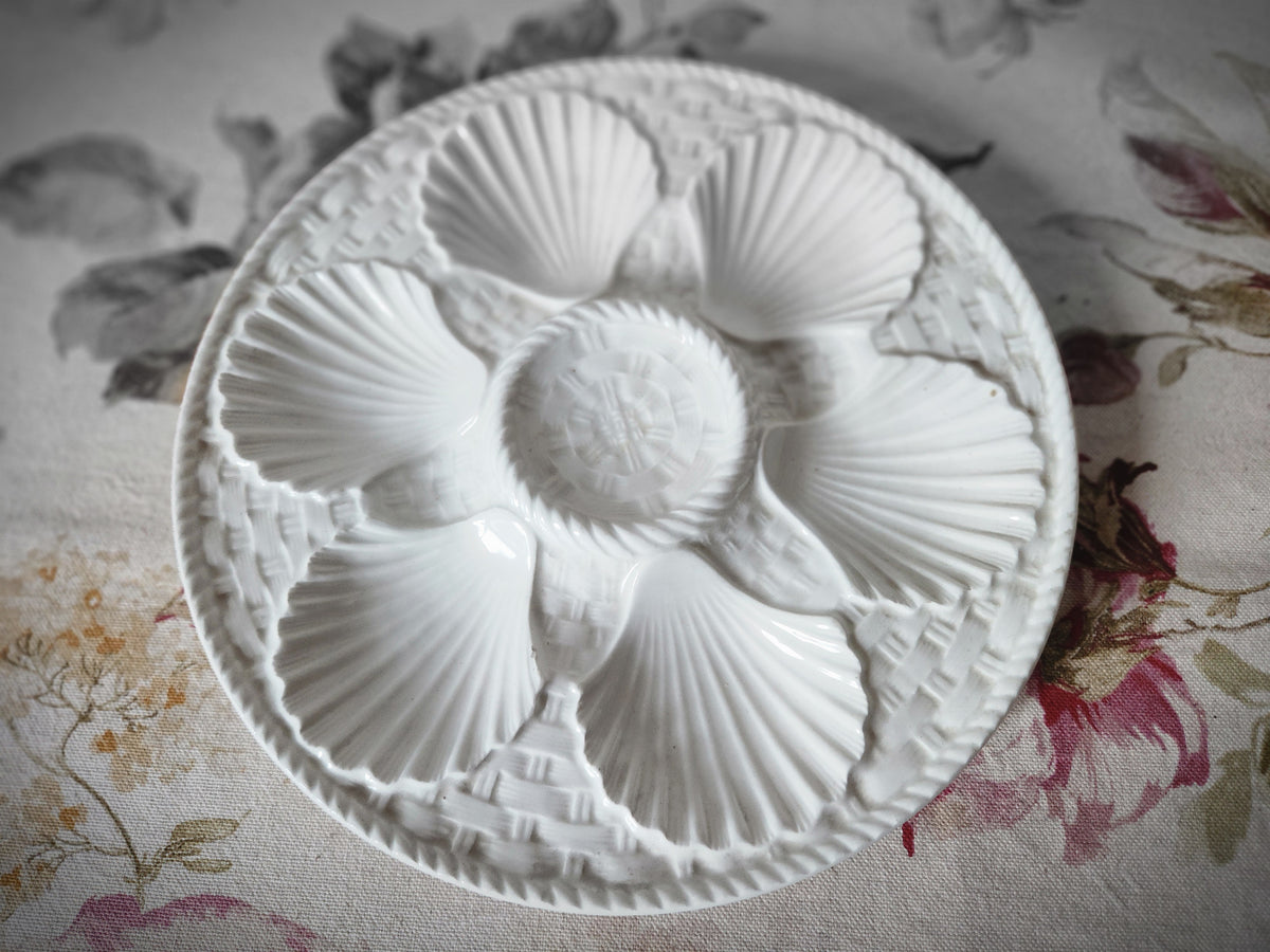 French Majolica White Oyster Plates With Basket Design 1940s.