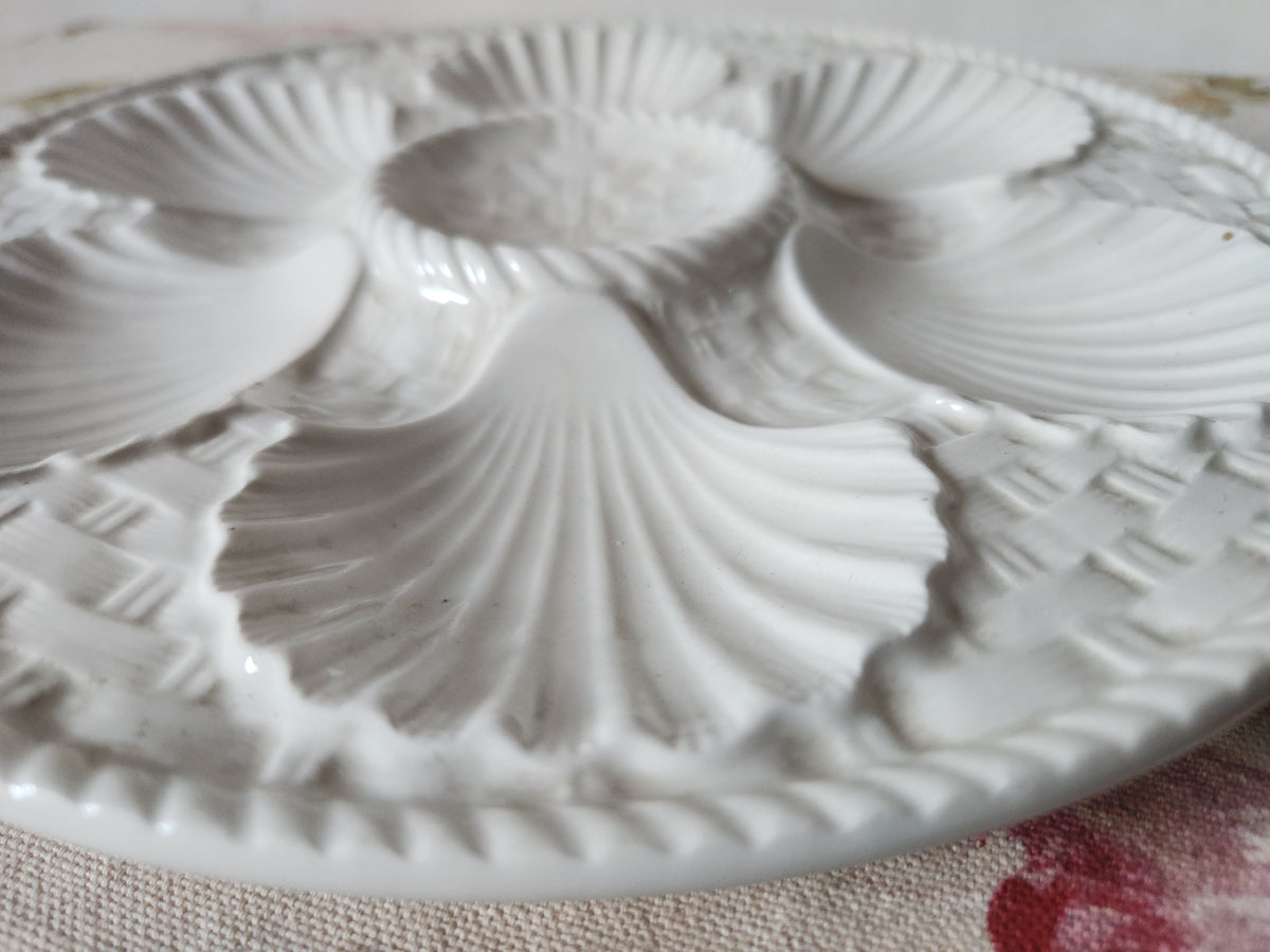 French Majolica White Oyster Plates With Basket Design 1940s.