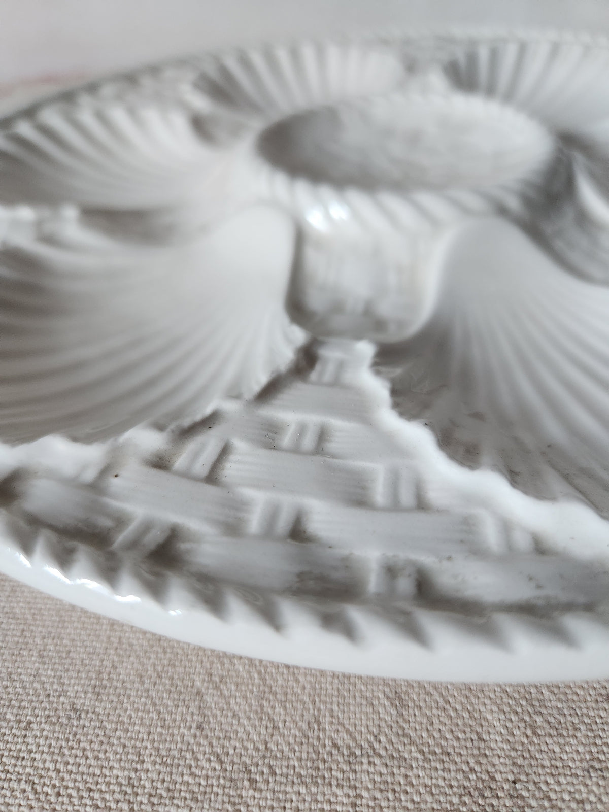 French Majolica White Oyster Plates With Basket Design 1940s.