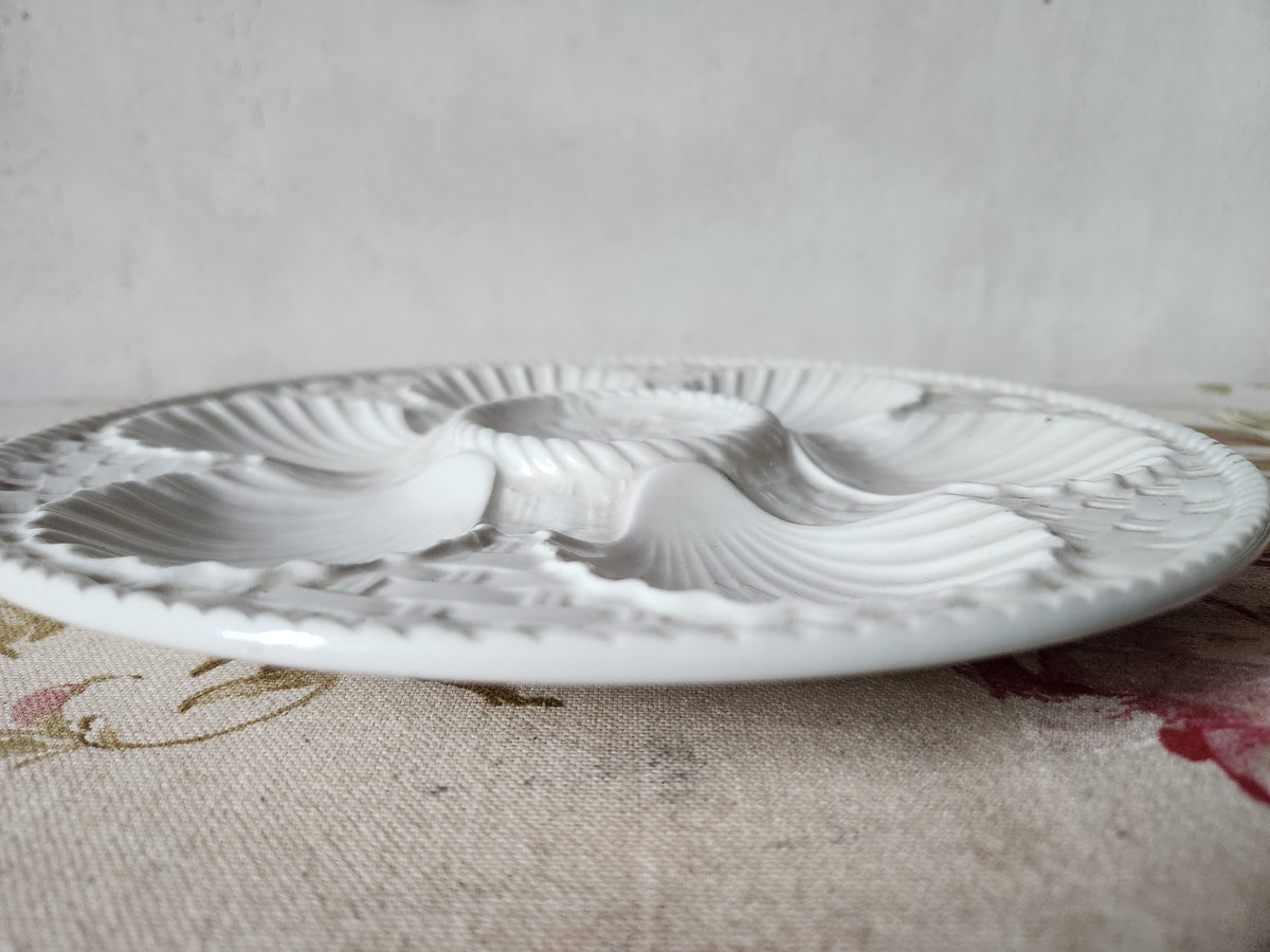 French Majolica White Oyster Plates With Basket Design 1940s.