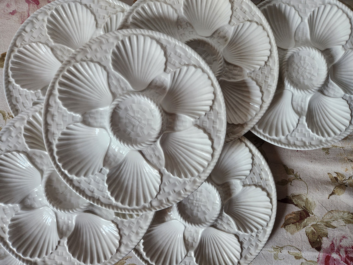 French Majolica White Oyster Plates With Basket Design 1940s.