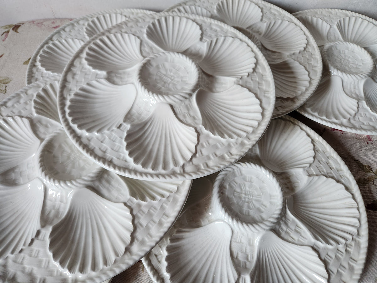 French Majolica White Oyster Plates With Basket Design 1940s.