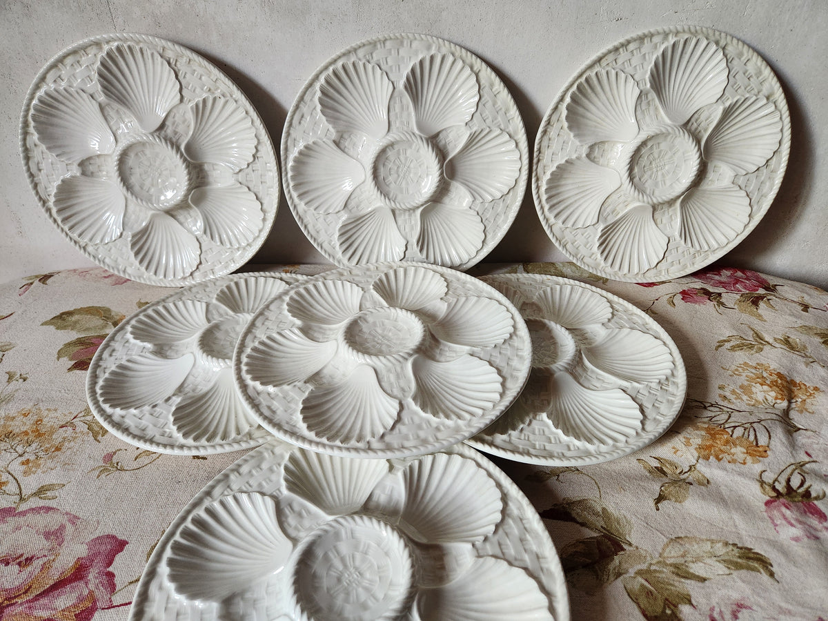 French Majolica White Oyster Plates With Basket Design 1940s.