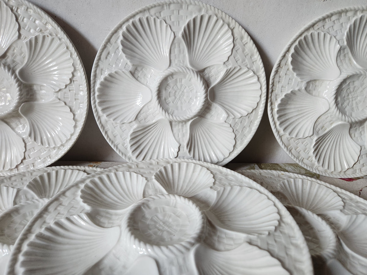 French Majolica White Oyster Plates With Basket Design 1940s.