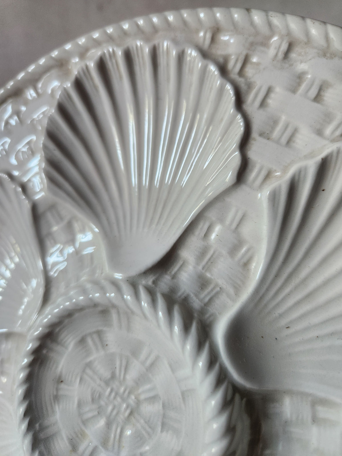 French Majolica White Oyster Plates With Basket Design 1940s.
