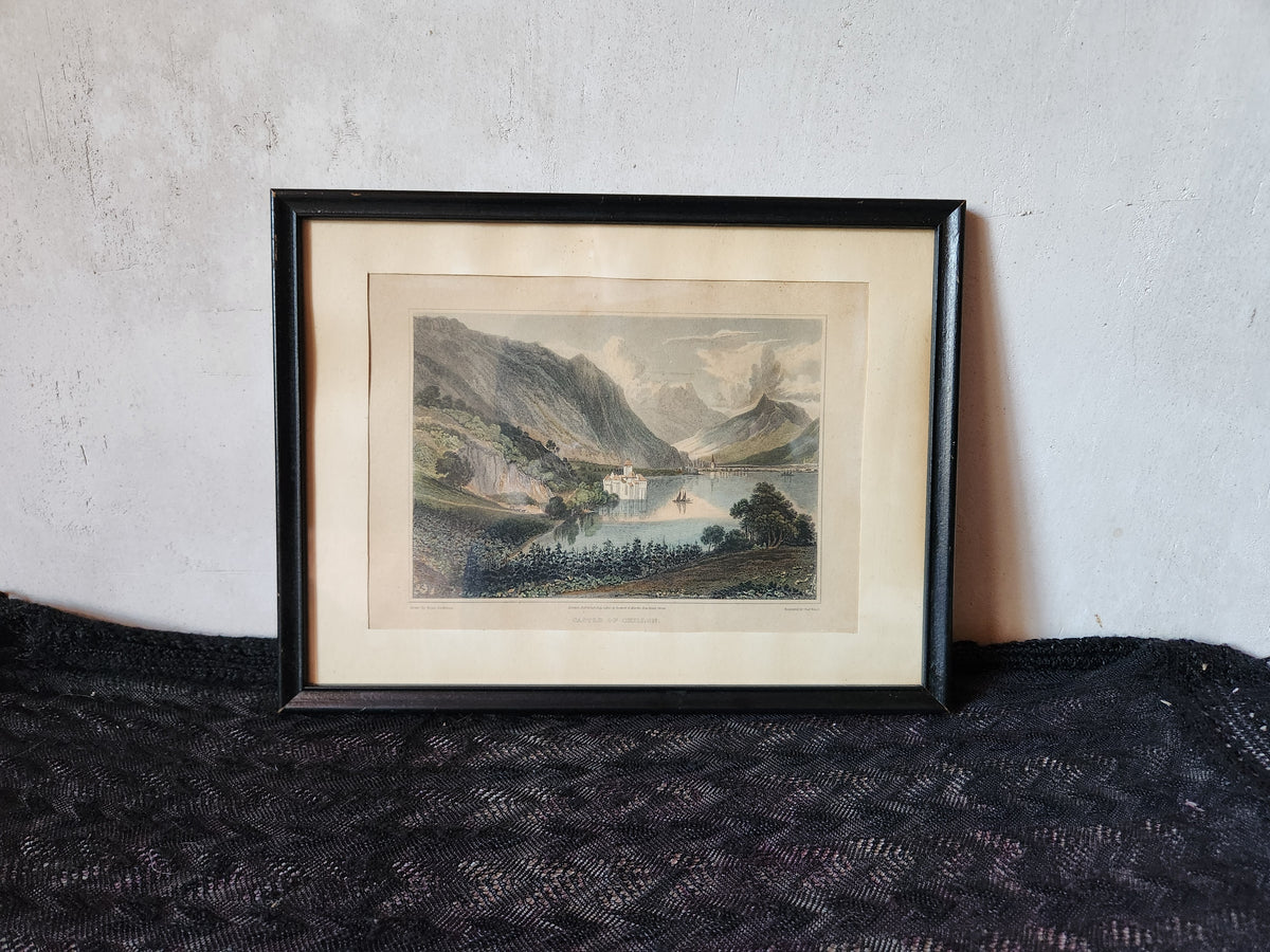 Antique Engraving 'Castle of Chillon' on Lake Geneva in Switzerland.