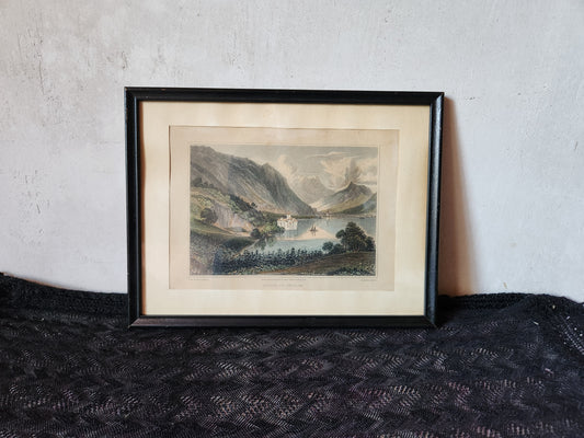 Antique Engraving 'Castle of Chillon' on Lake Geneva in Switzerland.