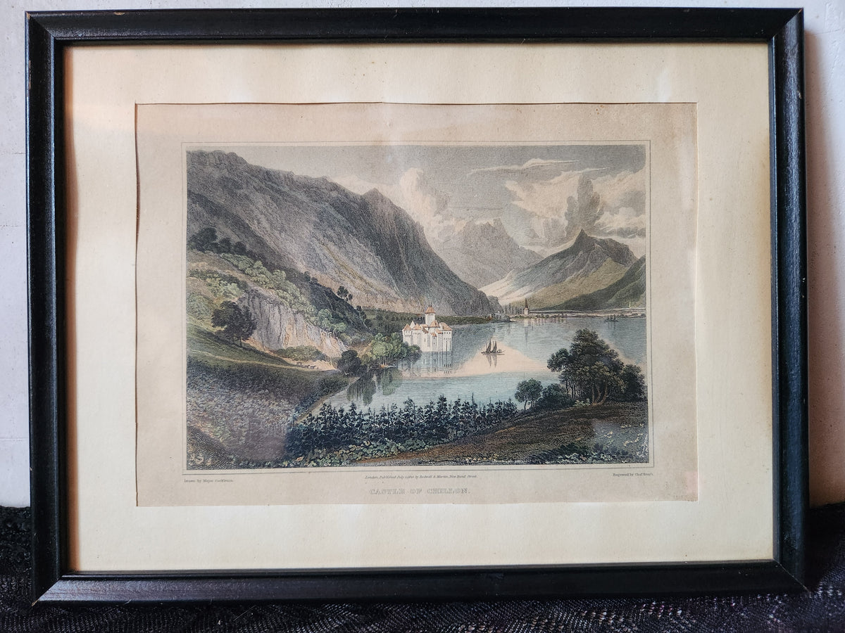 Antique Engraving 'Castle of Chillon' on Lake Geneva in Switzerland.