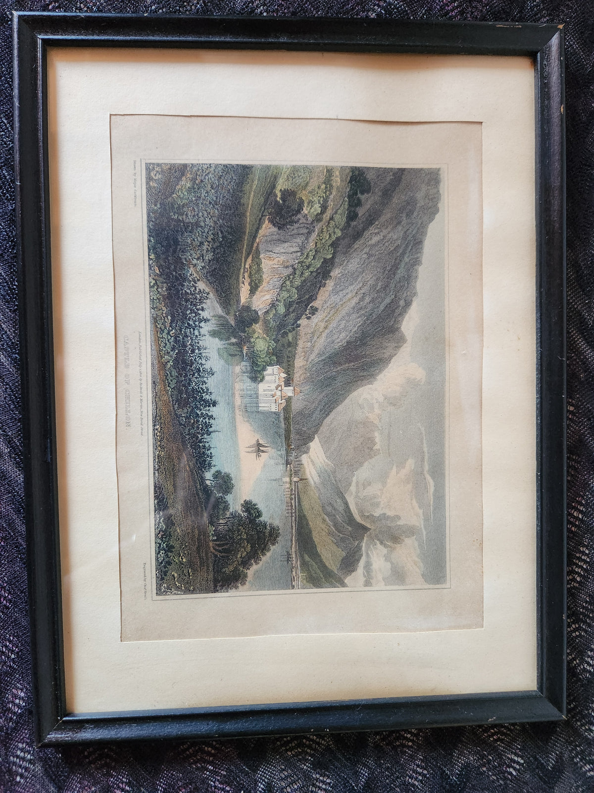 Antique Engraving 'Castle of Chillon' on Lake Geneva in Switzerland.