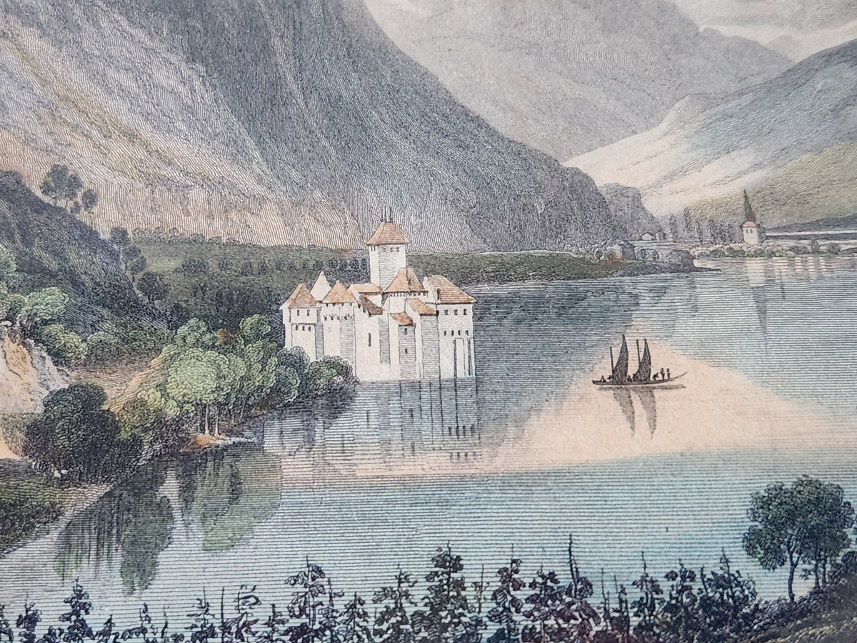 Antique Engraving 'Castle of Chillon' on Lake Geneva in Switzerland.