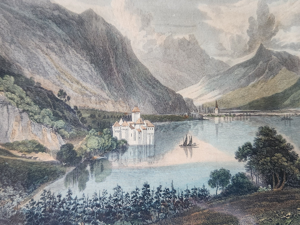 Antique Engraving 'Castle of Chillon' on Lake Geneva in Switzerland.