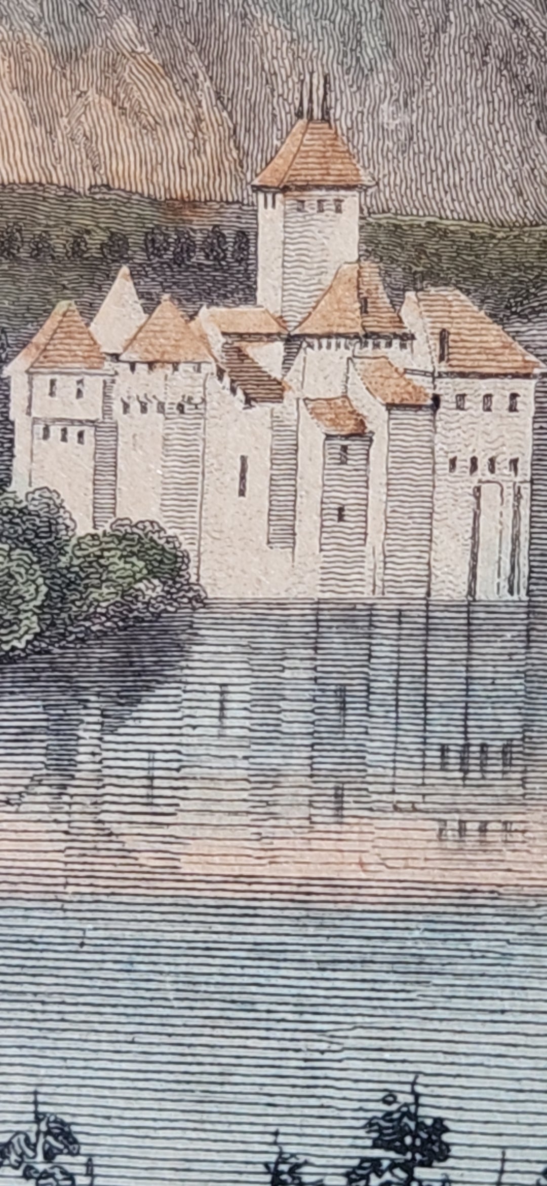 Antique Engraving 'Castle of Chillon' on Lake Geneva in Switzerland.