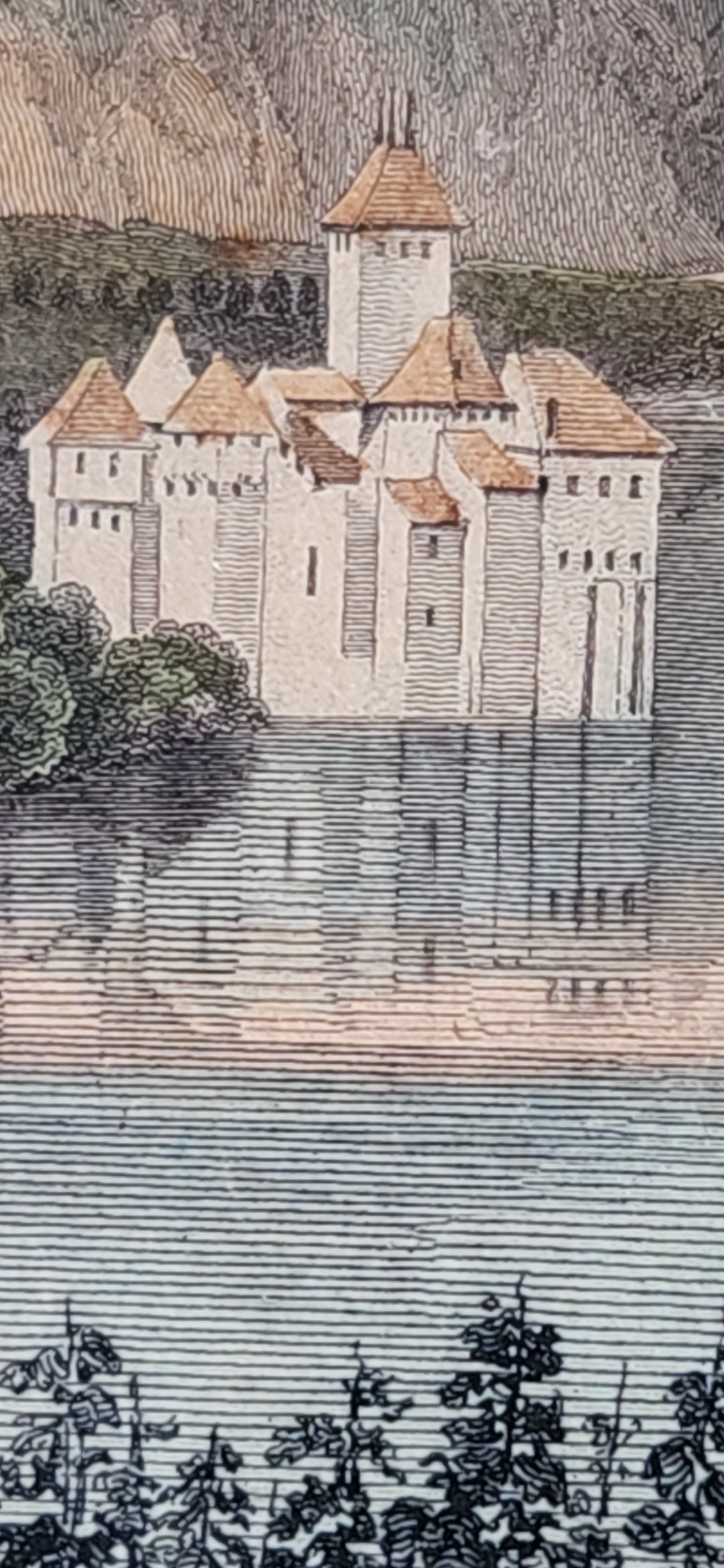Antique Engraving 'Castle of Chillon' on Lake Geneva in Switzerland.