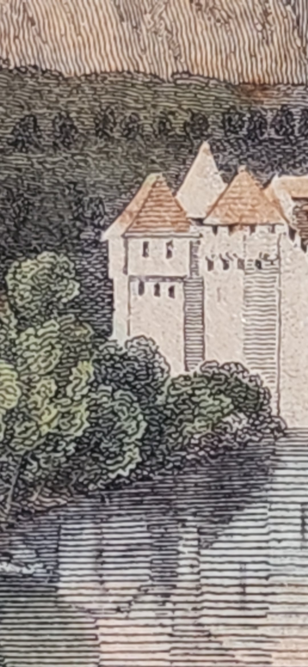 Antique Engraving 'Castle of Chillon' on Lake Geneva in Switzerland.