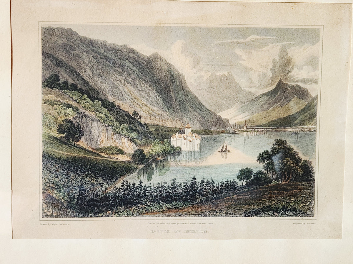 Antique Engraving 'Castle of Chillon' on Lake Geneva in Switzerland.