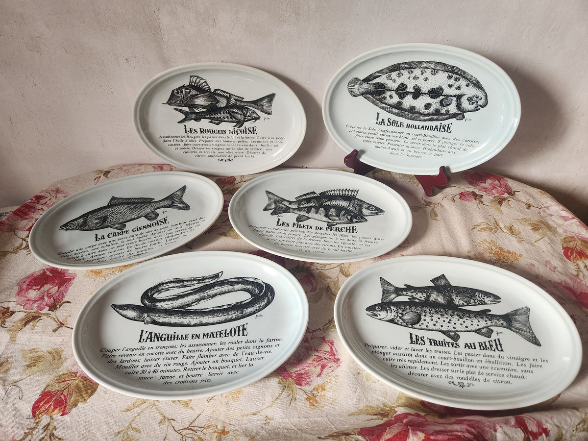 Platos franceses vintage para pescado GIEN con recetas, juego de 6 de la década de 1970