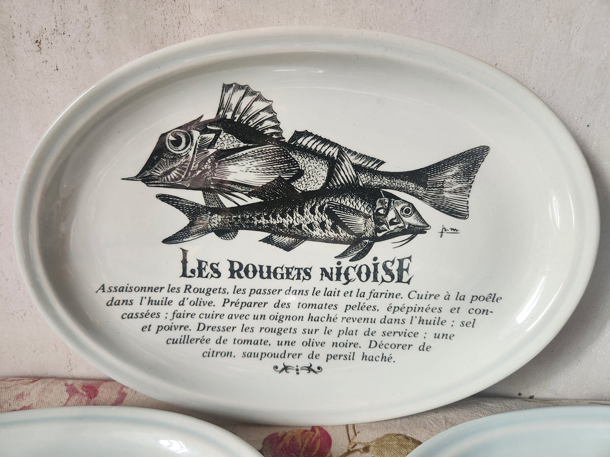 Platos franceses vintage para pescado GIEN con recetas, juego de 6 de la década de 1970