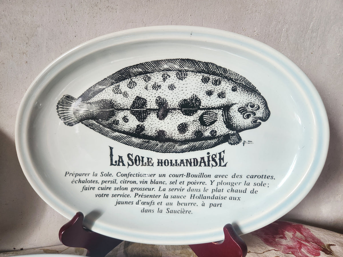 Platos franceses vintage para pescado GIEN con recetas, juego de 6 de la década de 1970