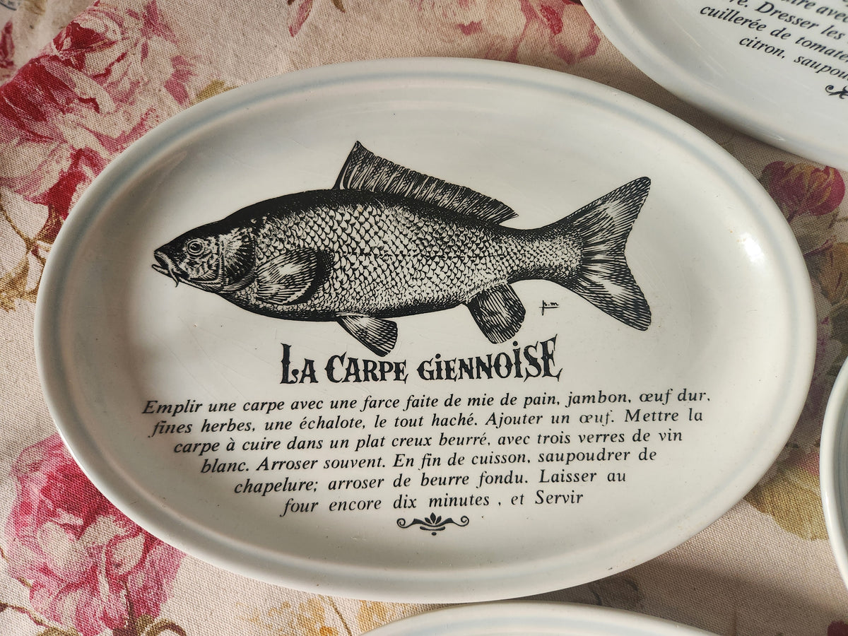 Platos franceses vintage para pescado GIEN con recetas, juego de 6 de la década de 1970