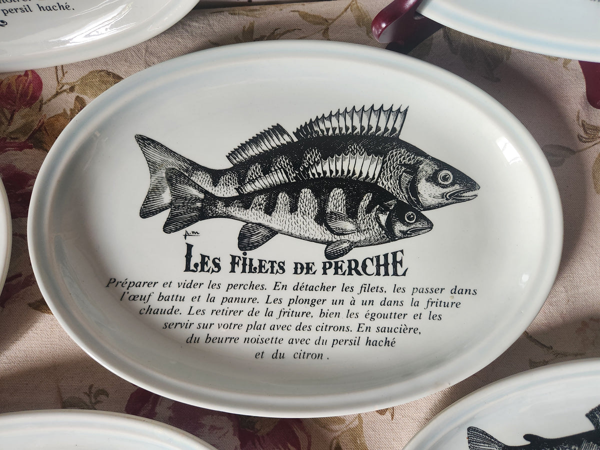 Platos franceses vintage para pescado GIEN con recetas, juego de 6 de la década de 1970