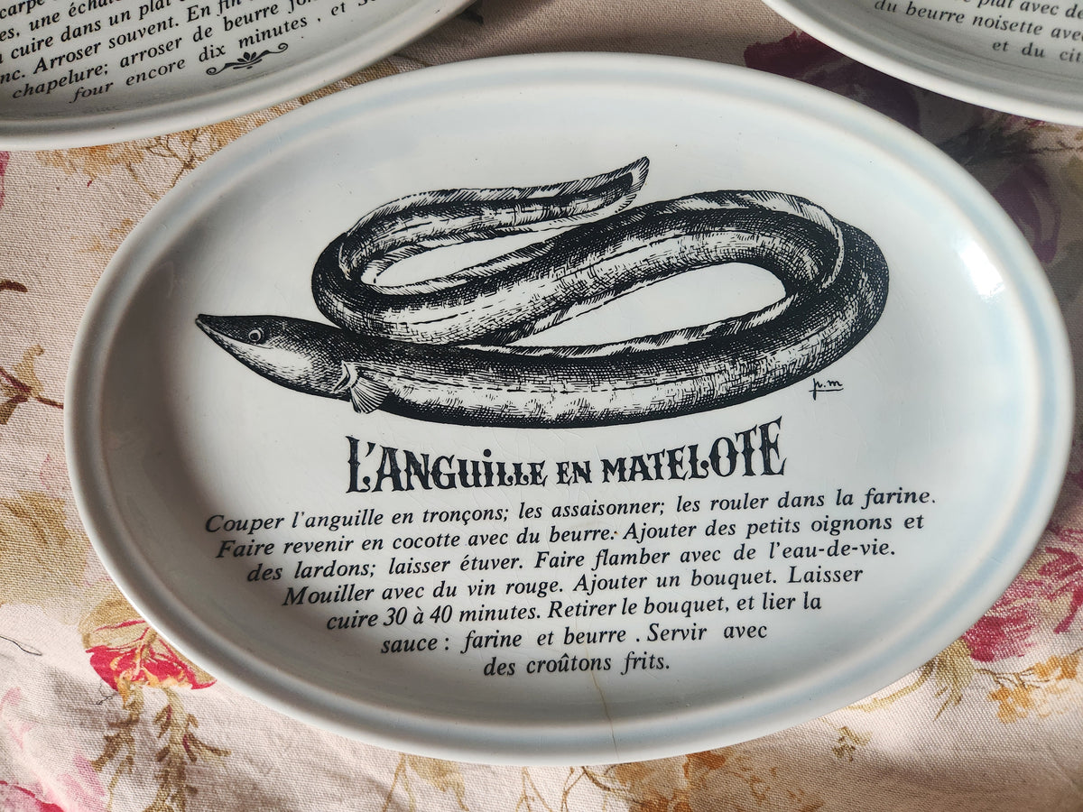 Platos franceses vintage para pescado GIEN con recetas, juego de 6 de la década de 1970