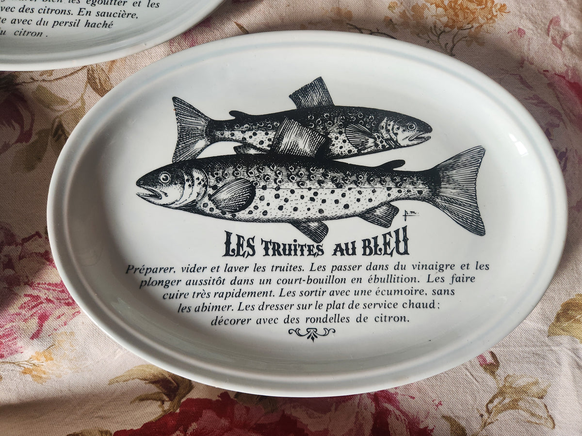 Platos franceses vintage para pescado GIEN con recetas, juego de 6 de la década de 1970